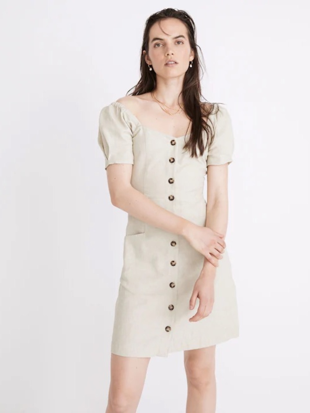 Madewell Puff-Sleeve Button-Front Mini Dress in Light Beige